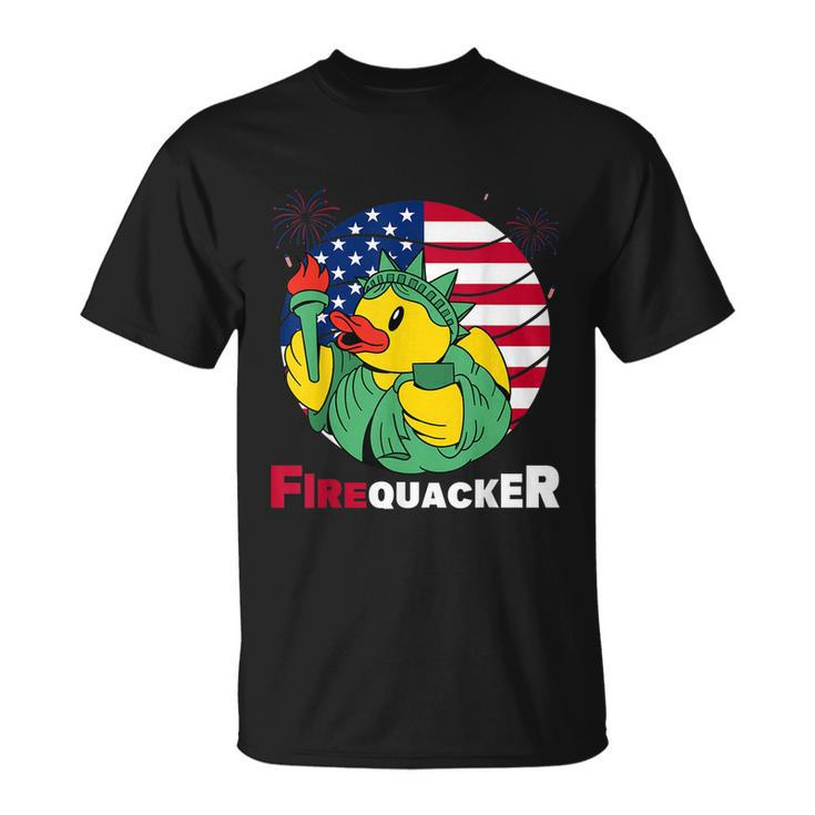 Funny Fourth Of July Usa Patriotic Firecracker Rubber Duck Funny Gift Unisex T-Shirt
