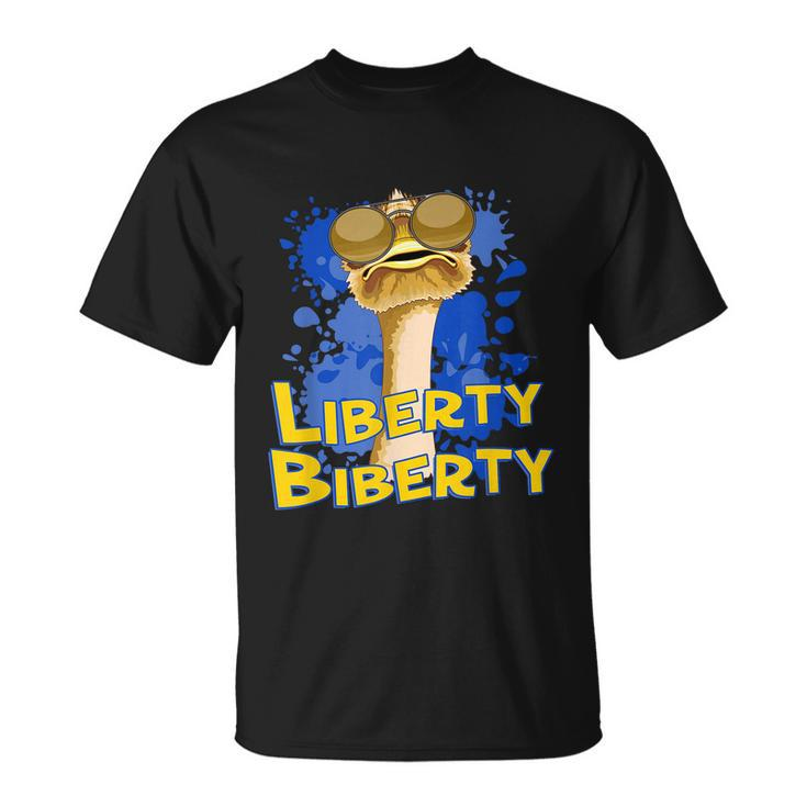Funny Liberty Biberty Ostrich Sunglasses Humor Blue Unisex T-Shirt