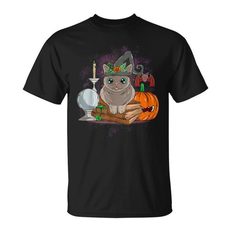 Grey Cat Witch Halloween Crystal Ball Books Bat  Unisex T-Shirt