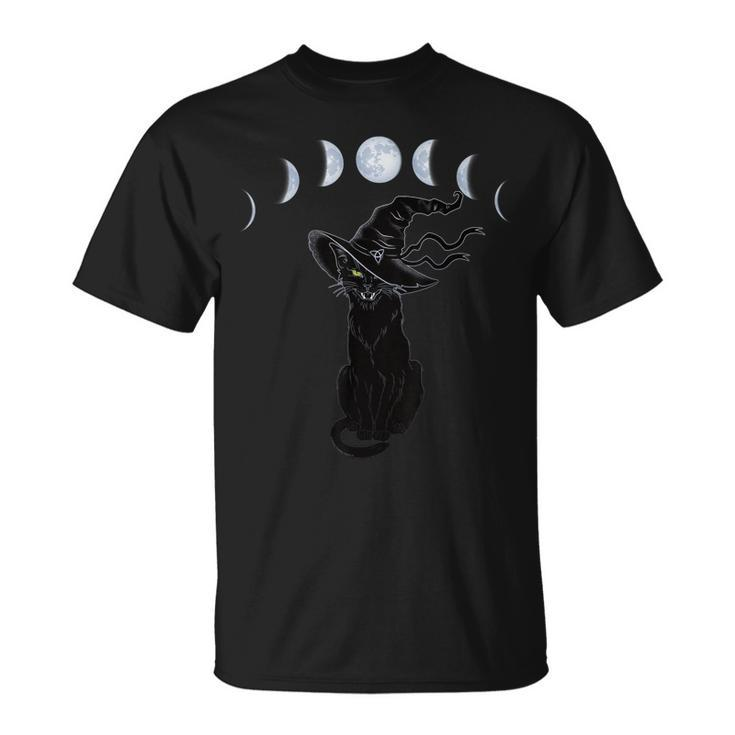 Halloween Black Cat With Witch Hat And Phases Of The Moon  Unisex T-Shirt