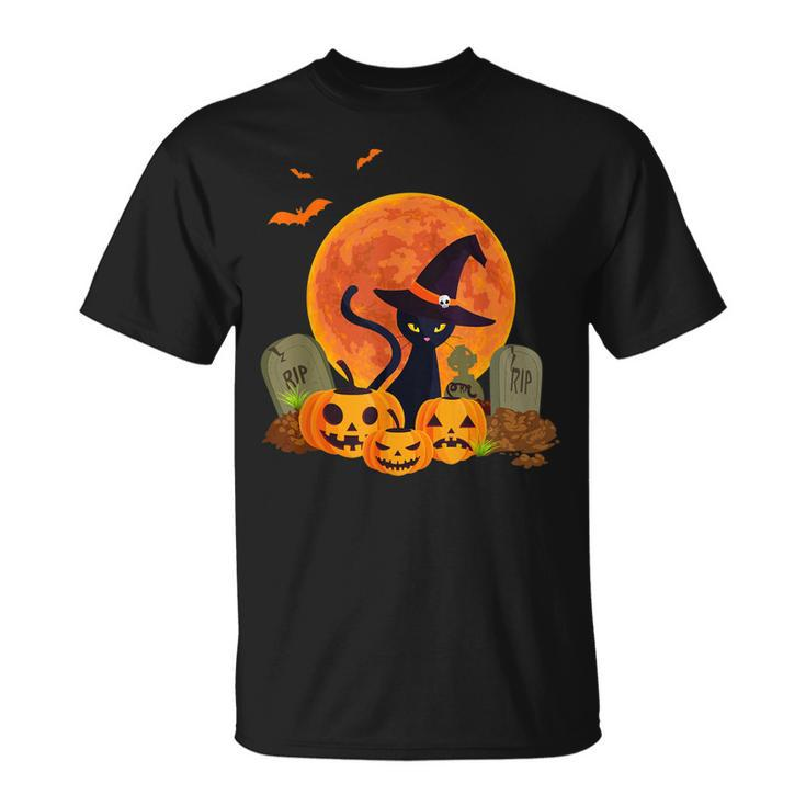 Halloween Cute Witch Cat Mom Pumpkin Graveyard Spooky Cat  Unisex T-Shirt