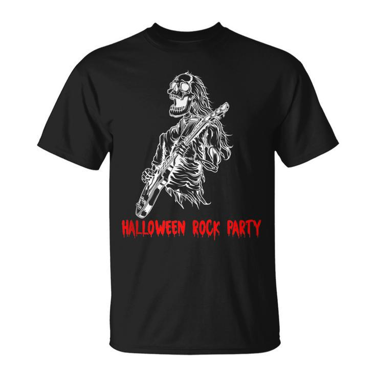 Halloween Rock Party Dancing Guitar Skeleton Playing Rock  Unisex T-Shirt