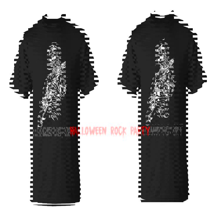 Halloween Rock Party Dancing Guitar Skeleton Playing Rock  Unisex T-Shirt