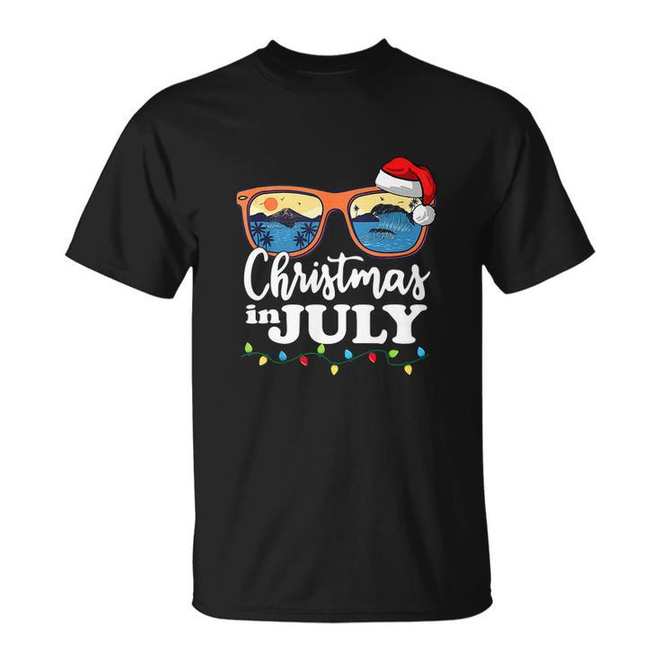 Happy Christmas In July Santa Hat Sunglasses Summer Beach Unisex T-Shirt