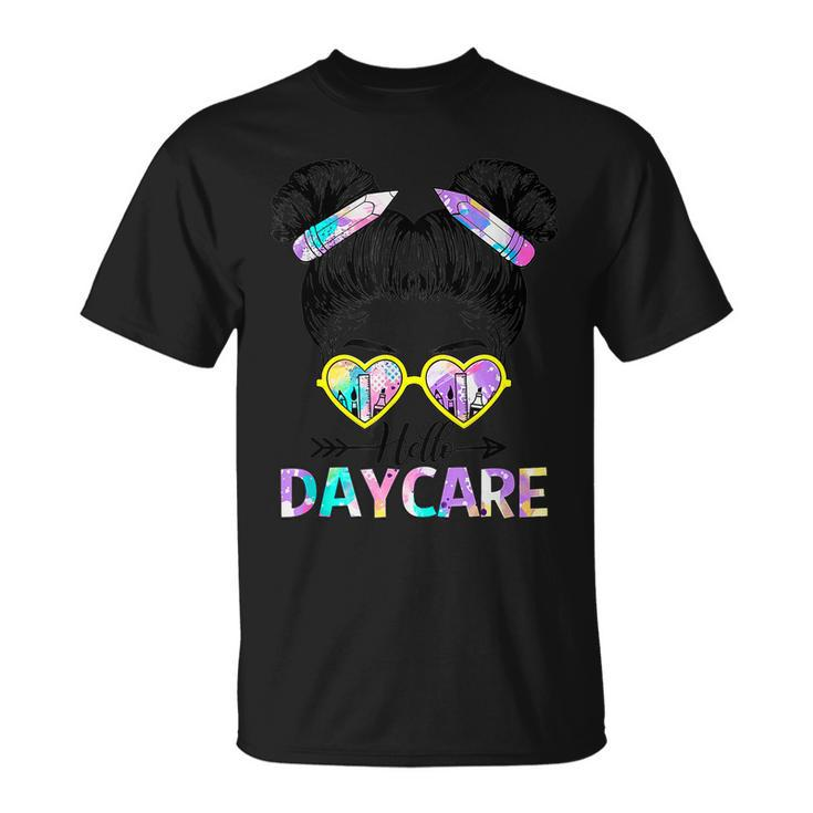 Hello Daycare Tie Dye Messy Bun Kids Back To School Unisex T-Shirt