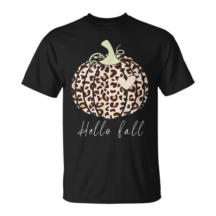 Hello Fall Animal Print Leopard Heart Pumpkin Fall Halloween  Unisex T-Shirt