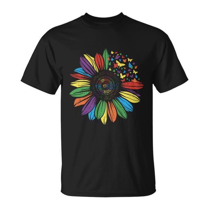 Lgbt Rainbow Color Sunflower Butterfly Pride Month Unisex T-Shirt