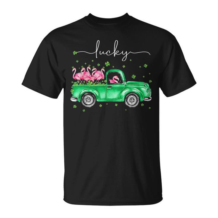 Lucky Flamingo Riding Green Truck Shamrock St Patricks Day T-shirt