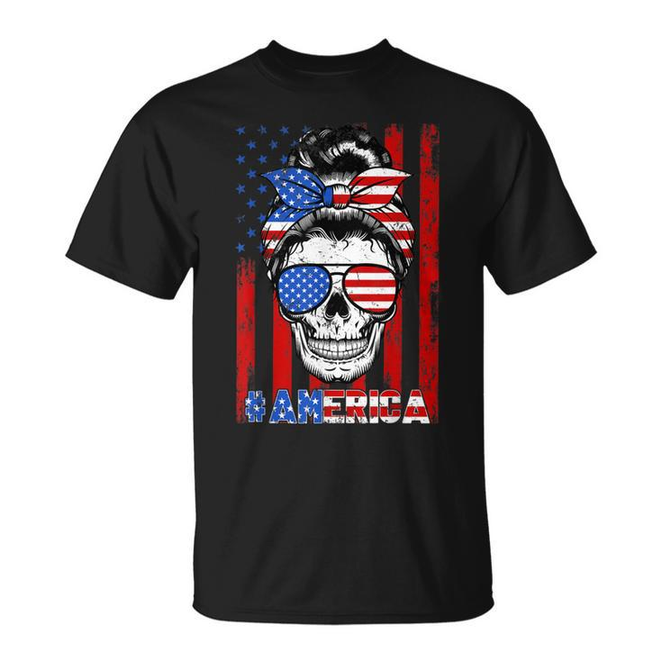 Messy Bun Skull America Flag Glasses 4Th Of July Patriotic  Unisex T-Shirt