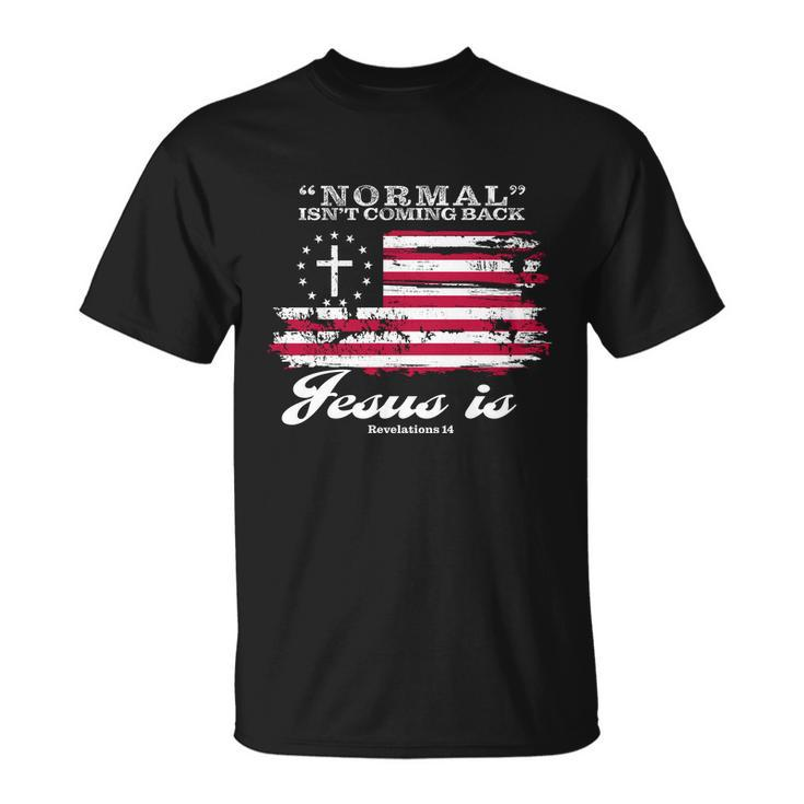 Normal Isnt Coming Back But Jesus Is Revelation 14 American Flag Tshirt Unisex T-Shirt
