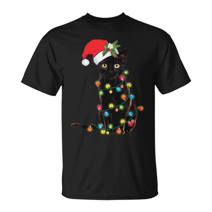 Santa Black Cat Tangled Up In Christmas Tree Lights Holiday  Unisex T-Shirt