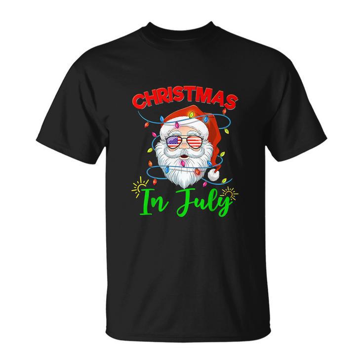 Santa Hat Sunglasses Usa Flag Christmas In July Unisex T-Shirt