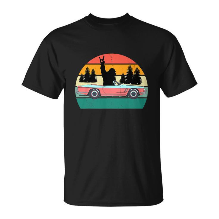 Sasquatch Bigfoot Driving Car Retro Sunset Funny Unisex T-Shirt