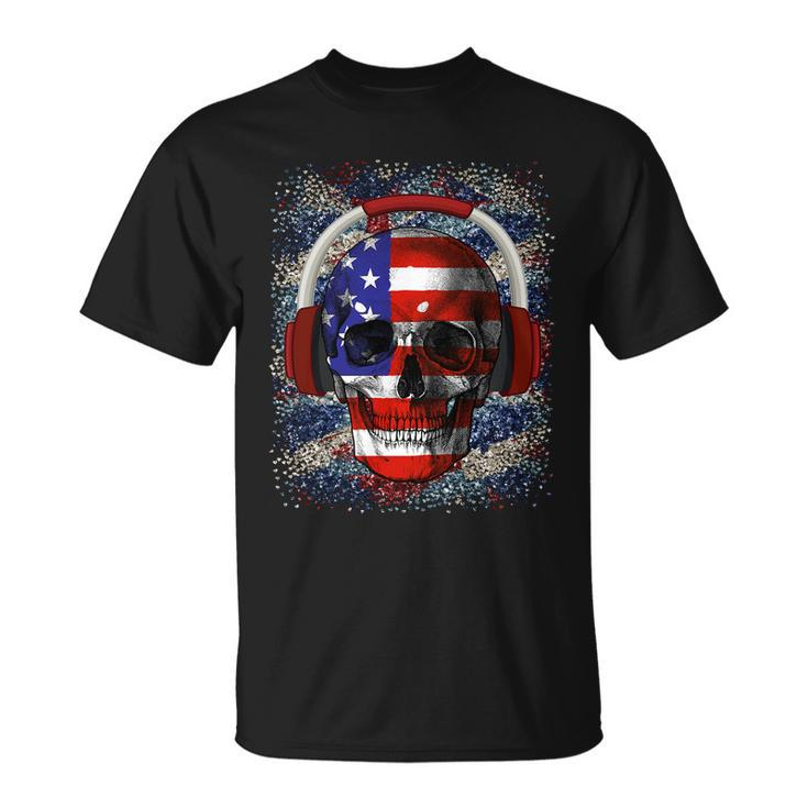 Skull Headphone Usa Flag 4Th Of July Unisex T-Shirt