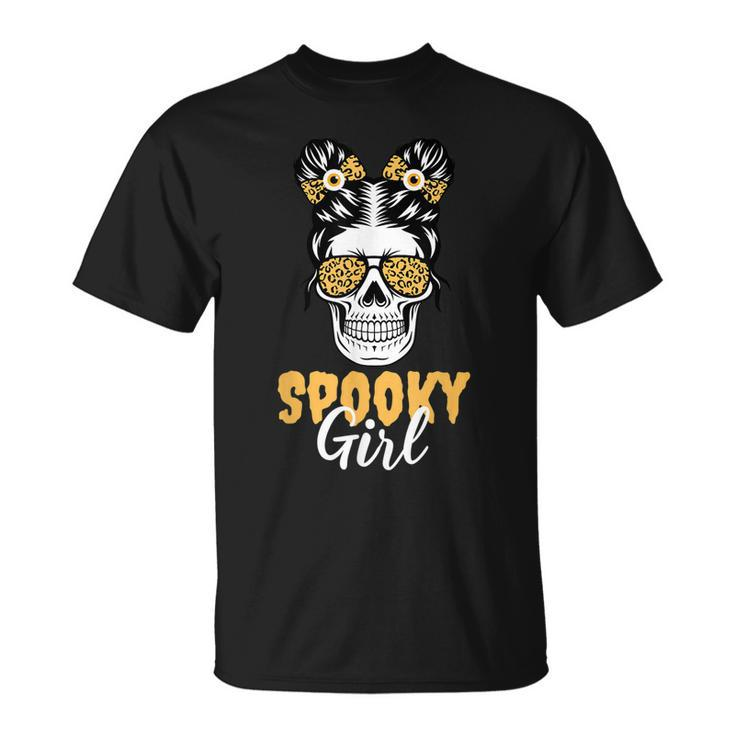 Spooky Halloween Girl Skull Messy Bun Leopard Costume  Unisex T-Shirt