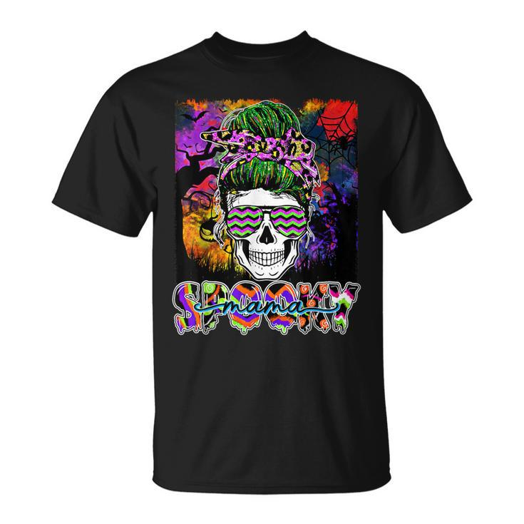 Spooky Mama Halloween Costume Witch Skull Messy Bun Leopard  Unisex T-Shirt