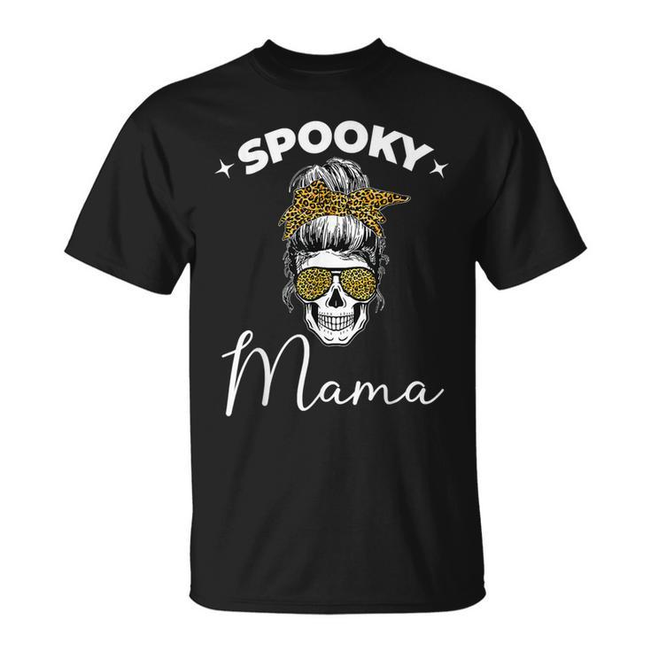 Spooky Mama Skull Messy Bun Glasses Leopard Halloween  V2 Unisex T-Shirt