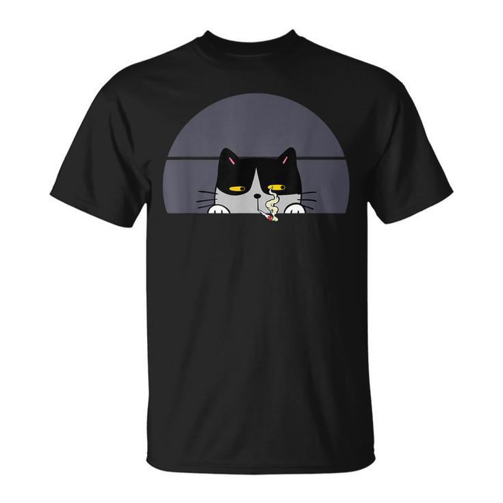 Stoned Black Cat Smoking And Peeking Sideways With Cannabis  Unisex T-Shirt