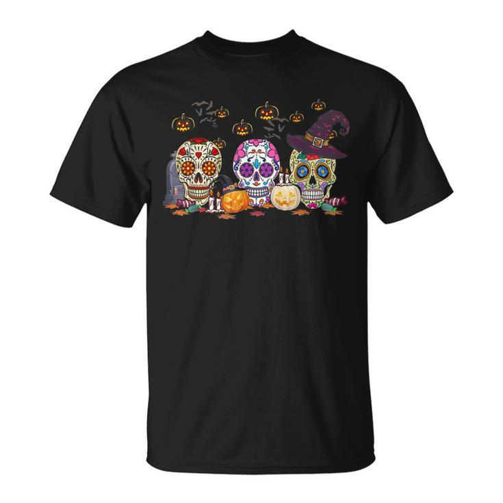 Three Sugar Skull Witch Pumpkin Halloween Costume  Unisex T-Shirt