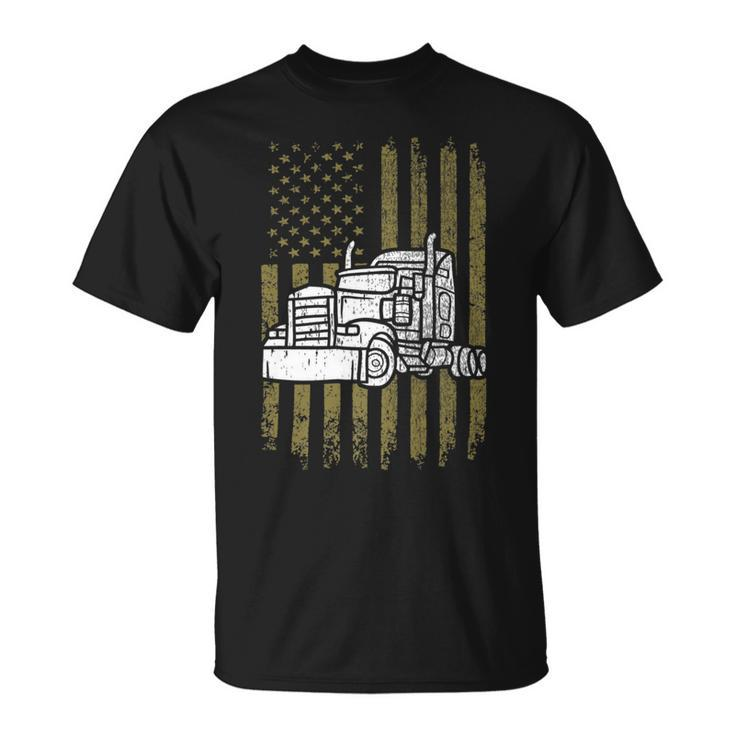 Trucker Trucker Vintage American Flag Semi Truck Driver Patriotic Unisex T-Shirt