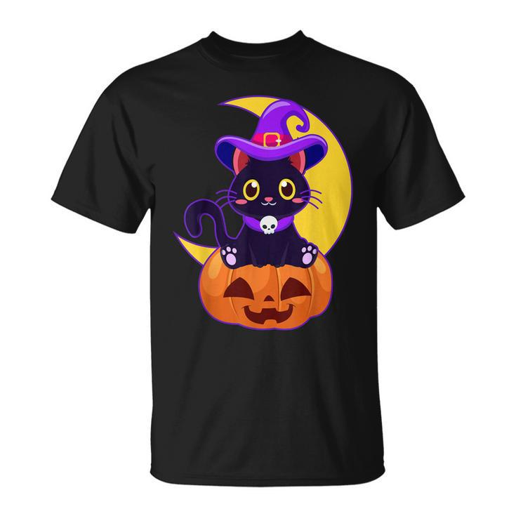 Vintage Scary Halloween Black Cat Costume Witch Hat & Moon  Unisex T-Shirt