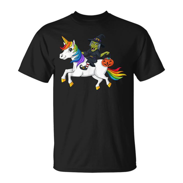 Witch Riding Unicorn Funny Halloween Girls Kids  Unisex T-Shirt