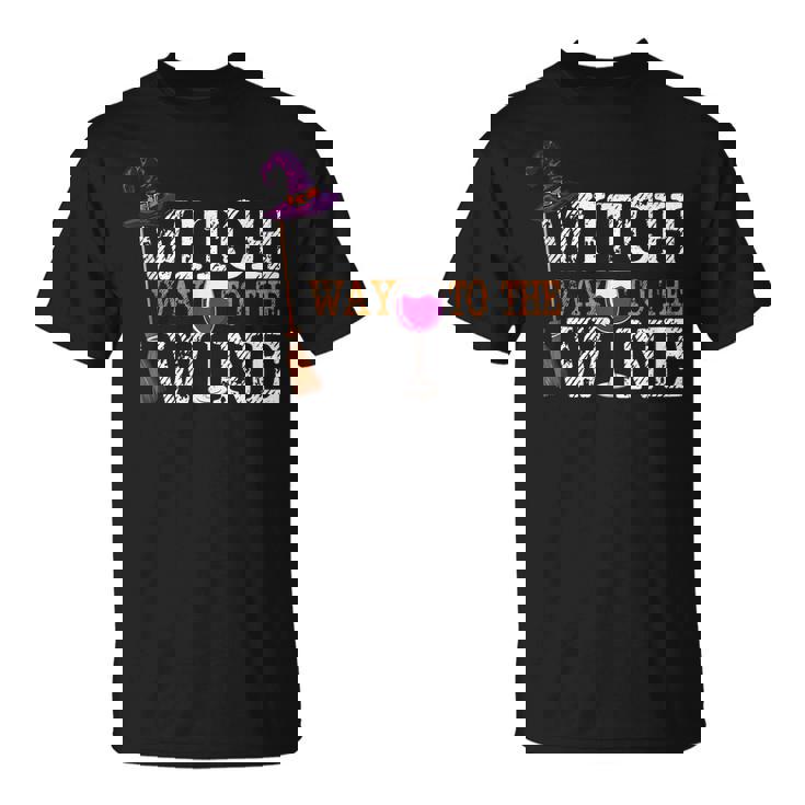 Womens Funny Wine Drinker Halloween Outfit Witch Way To The Wine T-Shirt
