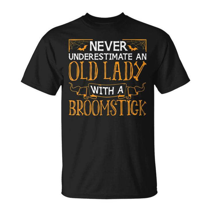 Womens Old Lady With Broomstick Witch Womens Halloween Costume  Unisex T-Shirt