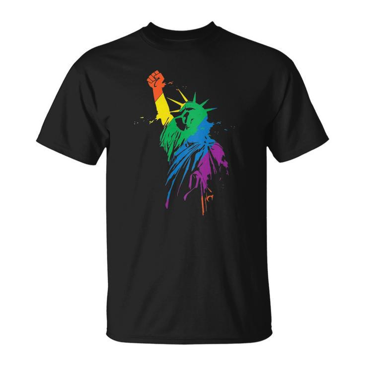 Womens Rainbow Statue Of Liberty With Raised Fist Lgbtq Pride  Unisex T-Shirt