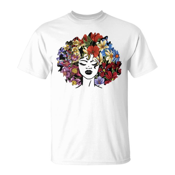 Afro Hair Natural Flowers Black History Juneteenth Pride T-shirt