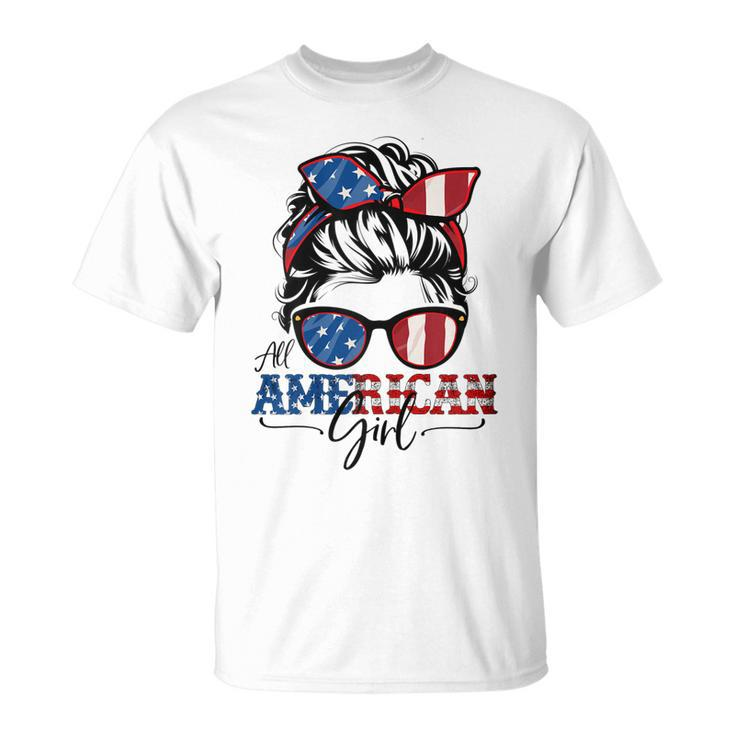 All American Girl 4Th Of July  Women Messy Bun Usa Flag  V2 Unisex T-Shirt