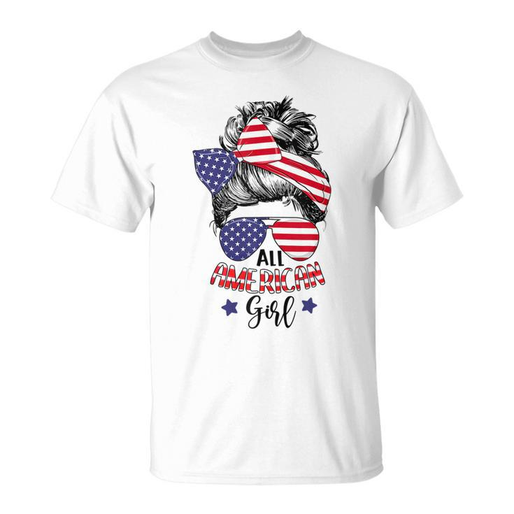 All American Girl Messy Bun Usa Flag Patriotic 4Th Of July  V2 Unisex T-Shirt