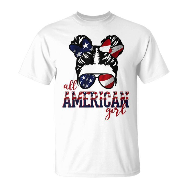 All American Girl Messy Hair Bun Woman Patriotic 4Th Of July  V2 Unisex T-Shirt