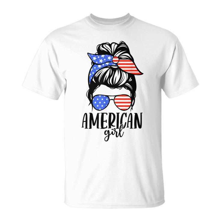 American Girl Messy Hair Bun Usa Flag Patriotic 4Th Of July  Unisex T-Shirt