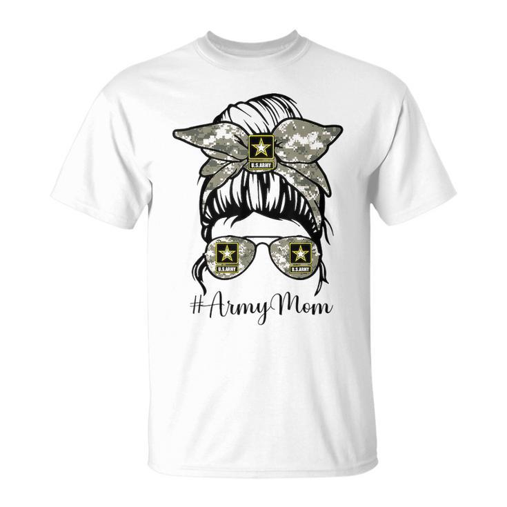 Army Mom Messy Bun Hair Glasses T-shirt