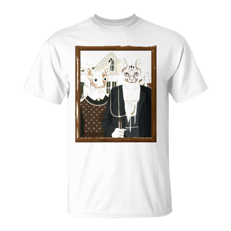 Funny American Gothic Cat Parody Ameowican Gothic Graphic Unisex T-Shirt