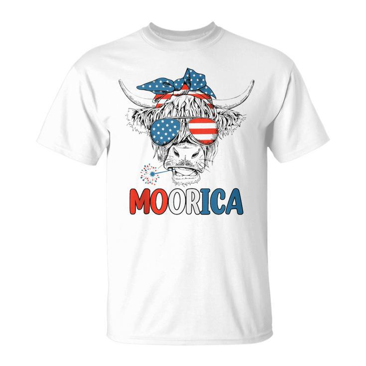 Funny Moorica 4Th Of July American Flag Highland Cow  Unisex T-Shirt