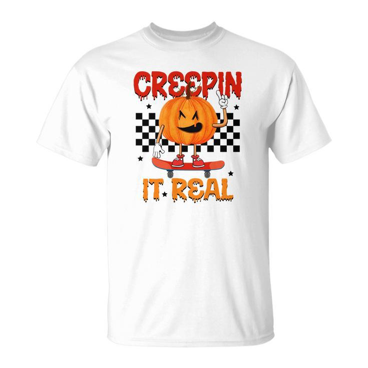 Funny Pumpkin Skateboarding Creepin It Real Halloween Unisex T-Shirt