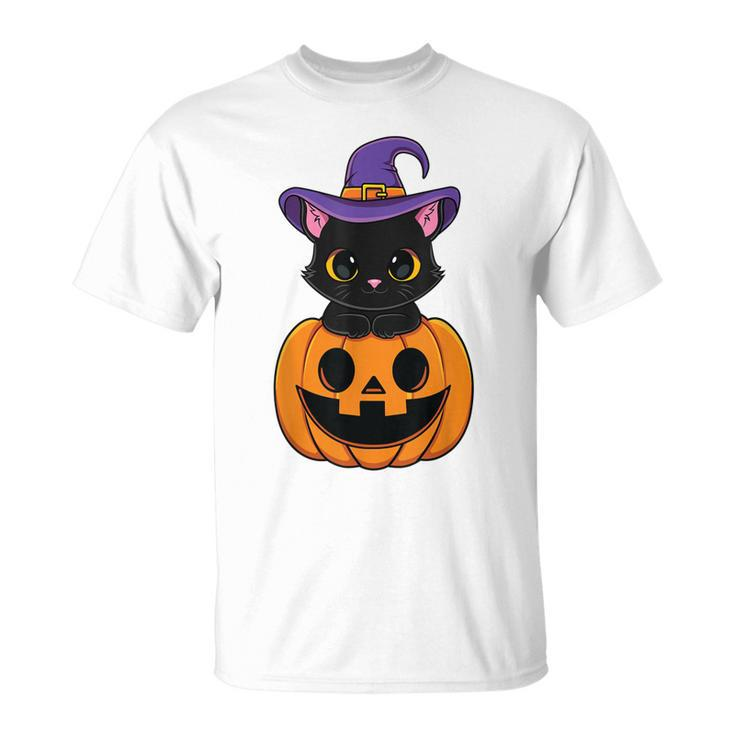 Halloween Cute Black Cat Witch Hat Pumpkin For Kids Girls  Unisex T-Shirt