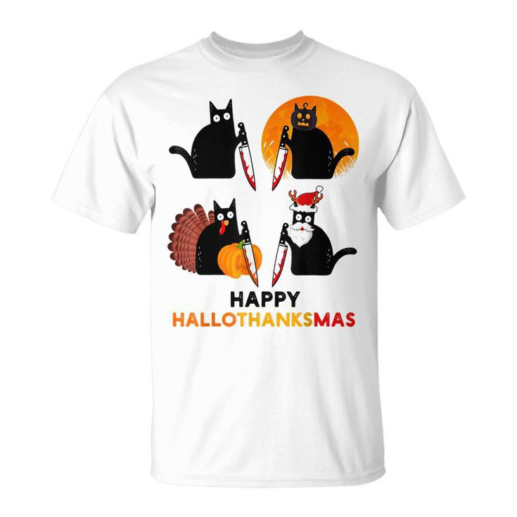 Happy Hallothanksmas Black Cat Halloween Thanksgiving  Unisex T-Shirt