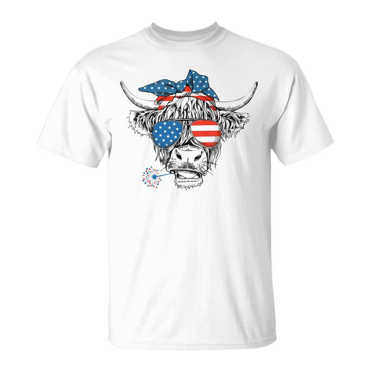 Highland Cow Us Flag Glasses Patriotic July 4Th T-shirt