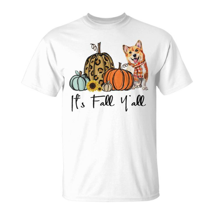 Its Fall Yall Yellow Corgi Dog Leopard Pumpkin Falling T-shirt