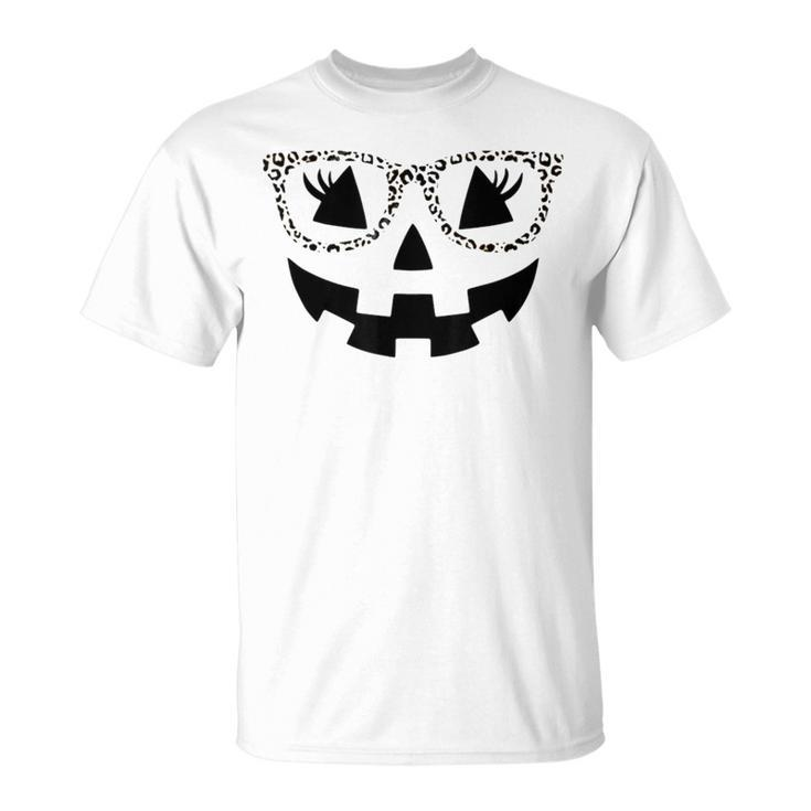 Jack O Lantern Face Pumpkin Halloween Leopard Print Glasses  Unisex T-Shirt