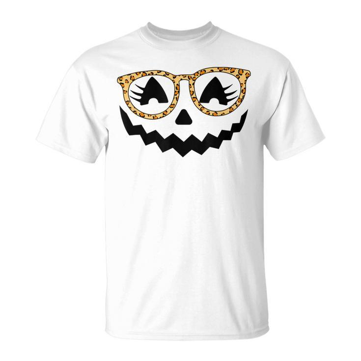 Jack O Lantern Face Pumpkin Halloween Leopard Print Glasses  V5 Unisex T-Shirt