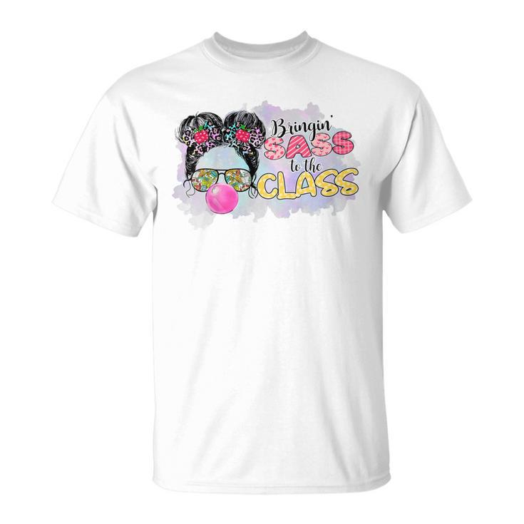 Kids Bringing Sass To The Class Messy Bun Glasses Back To School  Unisex T-Shirt