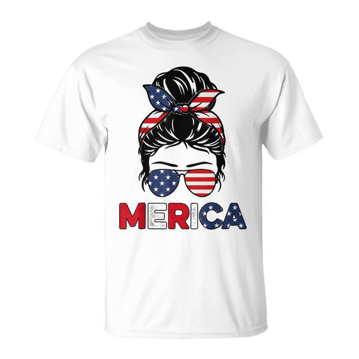 Merica Mom Girl American Flag Messy Bun Hair 4Th Of July Usa  V2 Unisex T-Shirt