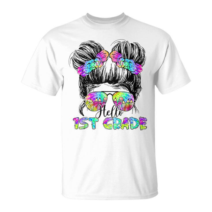 Messy Bun Hair Tie Dye Rainbow Kids Girls Hello First Grade  Unisex T-Shirt