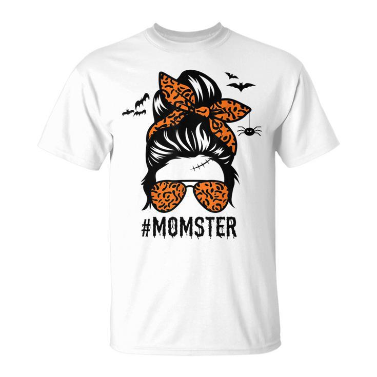 Mom Messy Bun Halloween Leopard Womens Momster Funny Spooky  Unisex T-Shirt