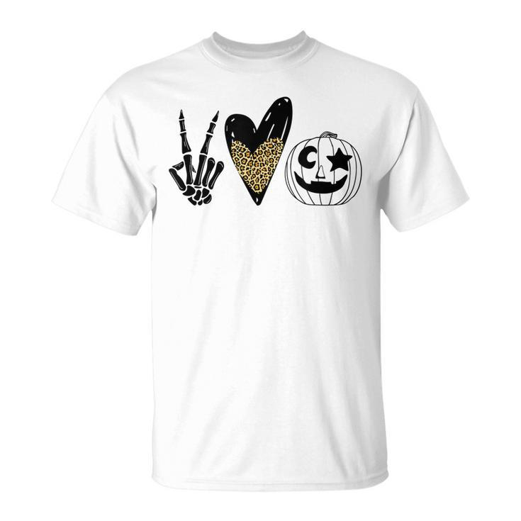 Peace Love Pumpkin Leopard Heart Halloween  Unisex T-Shirt
