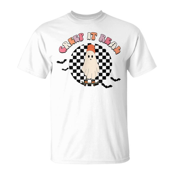 Retro Checkered Creep It Real Ghost Skater Funny Halloween  Unisex T-Shirt